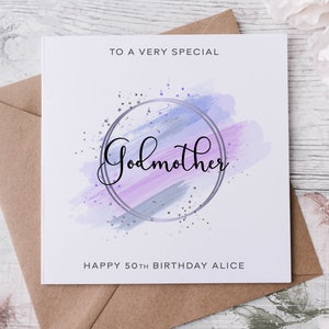 Cartão de aniversário personalizado para madrinha, parente especial, feliz aniversário, cartão de idade para ela 30º, 40º, 50º, 60º, 70º, 80º, tema roxo