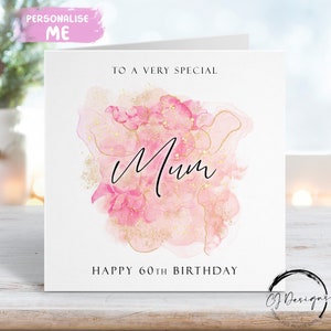 Gepersonaliseerde moeder verjaardagskaart roségoud en roze splash ontwerp elke leeftijd/naam 45e 50e 60e 65e 70e 75e 80e 85e 90e 100e
