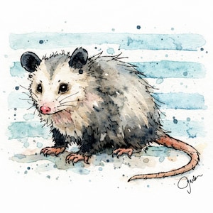 May include: Watercolor illustration of an opossum. The opossum is depicted in shades of gray, black, and white, with a pink nose and a long, pink tail. The background features blue watercolor stripes and splatters.