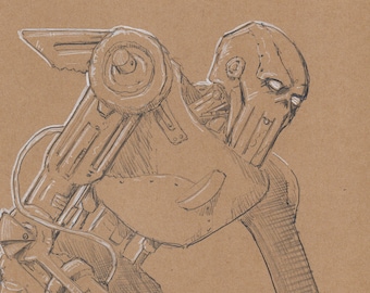 May include: A pencil sketch of a robot with a mechanical arm and leg. The robot is drawn in a realistic style with detailed features. The robot is drawn on a brown paper background.