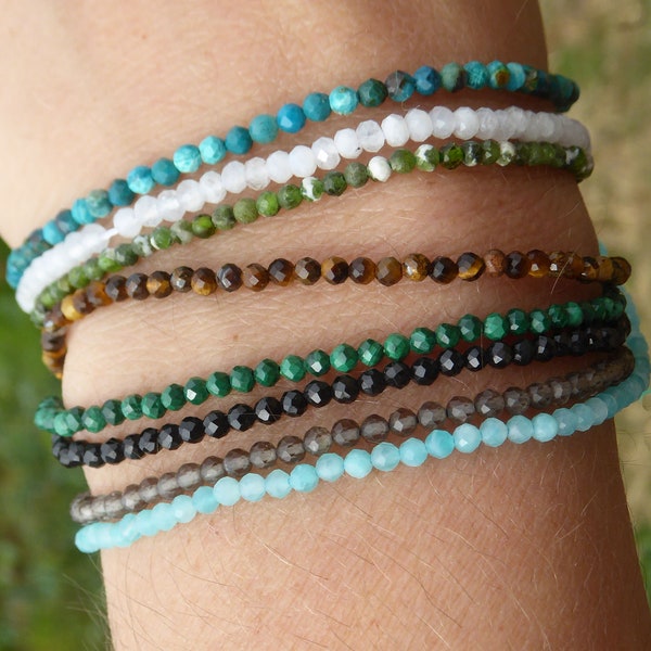 Thin bracelet in faceted stones, Moonstone, Tiger's Eye, Spinel, Malachite, Smoky Quartz, Chrysocolla, Amazonite Diopside