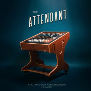 The “ATTENDANT” 12u mixing desk - hardwood outboard audio rack sidecar - face up - Walnut Maple Mahogany Cherry - recording studio 10u 8u