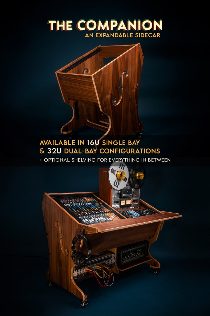 The 2-bay Companion 32U audio rack SIDECAR, workstation recording studio Eurorack cabinet wood mastering desk studio furniture image 4