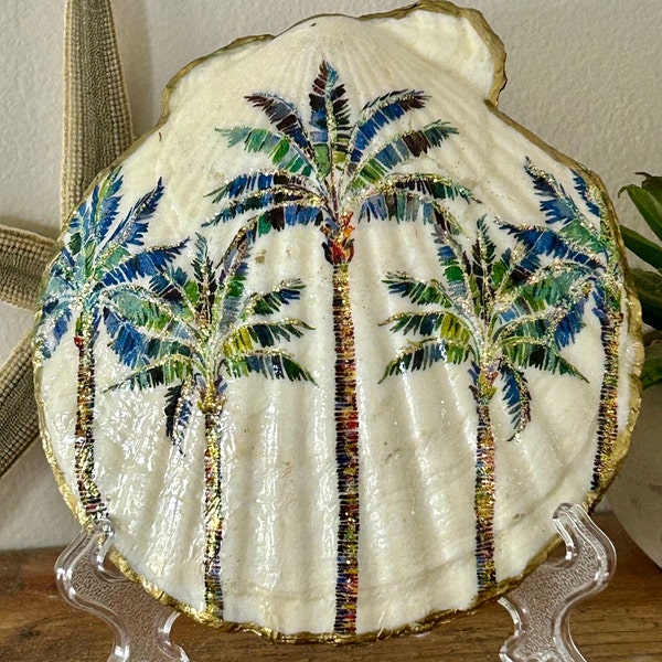 A Message In A Hand Decorated Decoupaged Scallop Shell Gift Display with a stand for displaying, beach home decor, housewarming gift