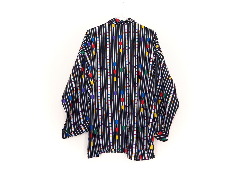 Vintage 80s Pussy Bow V Neck Blouse with StripesGeometric Pattern Size L UK 16