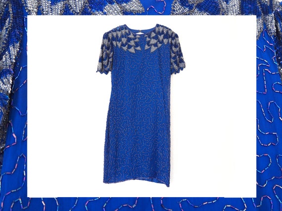 blue and silver sequin dress