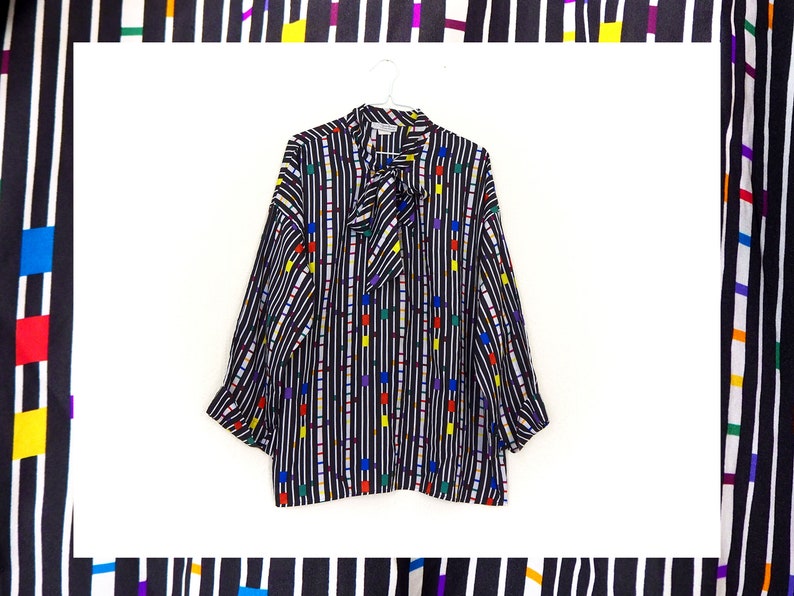 Vintage 80s Pussy Bow V Neck Blouse with StripesGeometric Pattern Size L UK 16