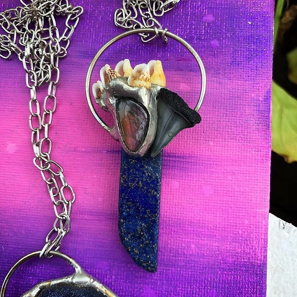 SHARK BAIT ~ Lapis Lazuli | White Shark Tooth | Pink Labradorite | Mini Conch Shells