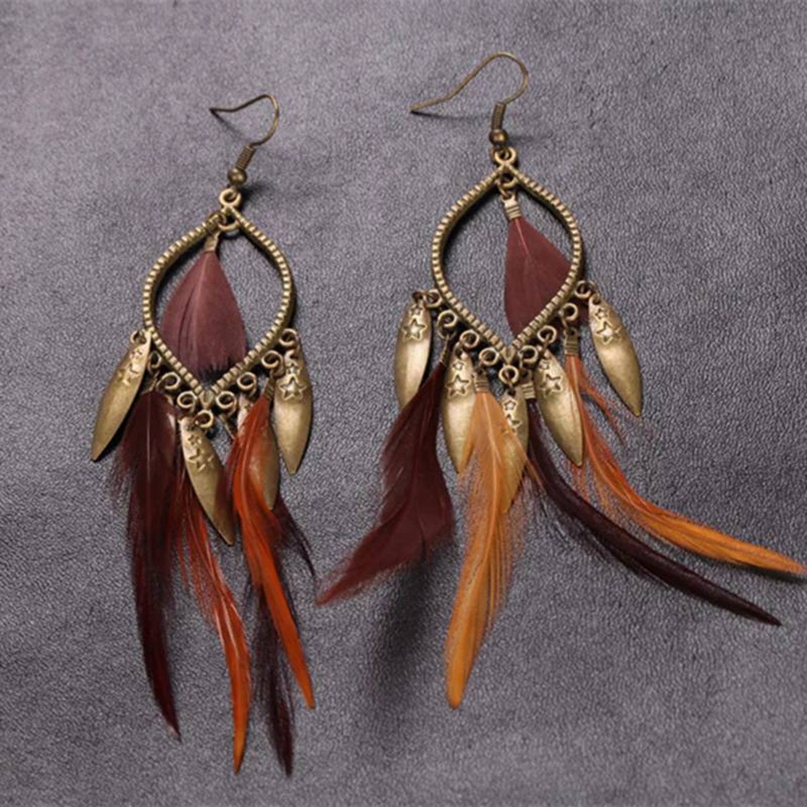 Bronze Feather Dangle Drop Earrings Etsy UK