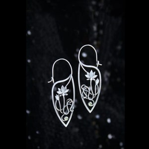 Lotus Flower Vine Antique Silver Unusual Earrings