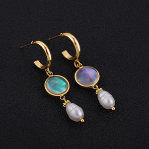 Vintage Faux Pearl And Gold Moonstone, Opal Dangle Earrings Stainless Steel