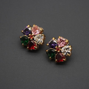 Vintage Big Multicoloured Stud Earrings, Zircon Flower Studs, Crystal Hearts Sparkling Jewellery, Elegant Stud Jewelry Gift,