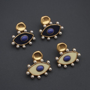 Vintage boze oog nepparel statement oorbellen, grote antieke gouden studsieraden, blauw ivoor oog sieraden, cadeau voor haar, rustieke pareloorbellen