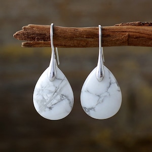 White Howlite Stone Earrings Crystal Drop Jewelry Natural Stone Silver Earring Tear Drop Women's Gift Howlite Dangle