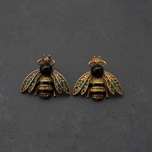 Black Bee Statement Earrings, Bronze Antique Bee Jewelry, Rustic Vintage Insect Big Stud Earring, Crystals Beehive Earring, Bumble Bee Studs