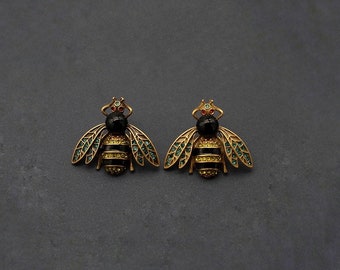 Black Bee statement-oorbellen, bronzen antieke bijensieraden, rustieke vintage insecten grote stud oorbellen, kristallen bijenkorf oorbel, hommelstekers