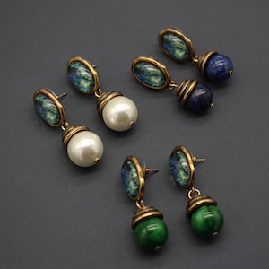 Vintage Natural Stone Earrings, Brass Dangle And Drop jewellery, Antique Lapis, Jade, Pearl, Trinket, Gift For Her, Tear Drop Bronze Earring