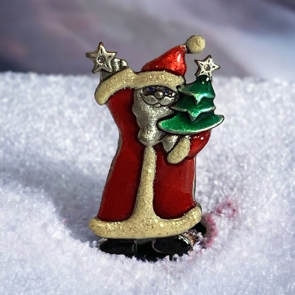 Santa Claus Enamel Silver Tone Brooch Pin It Must Be Christmas AJMC