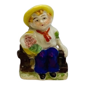 Boy Sitting on Fence w/ Flowers Porcelain Cake Topper Figurine Japan