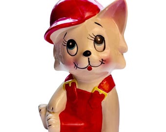 Hucha de cerámica vintage con forma de gato y gatito, estilo japonés, con gorra de béisbol y overoles de 8 pulgadas.