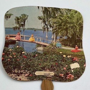 Pubblicità di ventagli vintage della chiesa di Cypress Gardens, Florida, cimeli