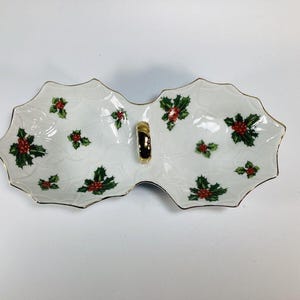 Lefton Porcelain Holly Berries Divided Candy Nut Dish Gold Handle #8192