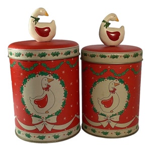 Christmas Holiday Country Canister Tins w/ 3 Geese Stoneware Knobs Pair Vintage