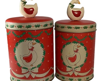 Christmas Holiday Country Canister Tins w/ 3 Geese Stoneware Knobs Pair Vintage
