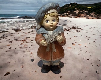 Vintage Ceramic Dutch Boy in Sailors Outfit Holding Toy Boat