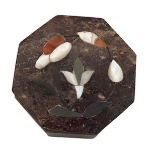 Soapstone Inlaid Mother of Pearl Floral Jewelry Box Trinket Box 3” Octagon