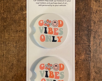 Good vibes only ceramic car coasters • Set of 2 • finger notch