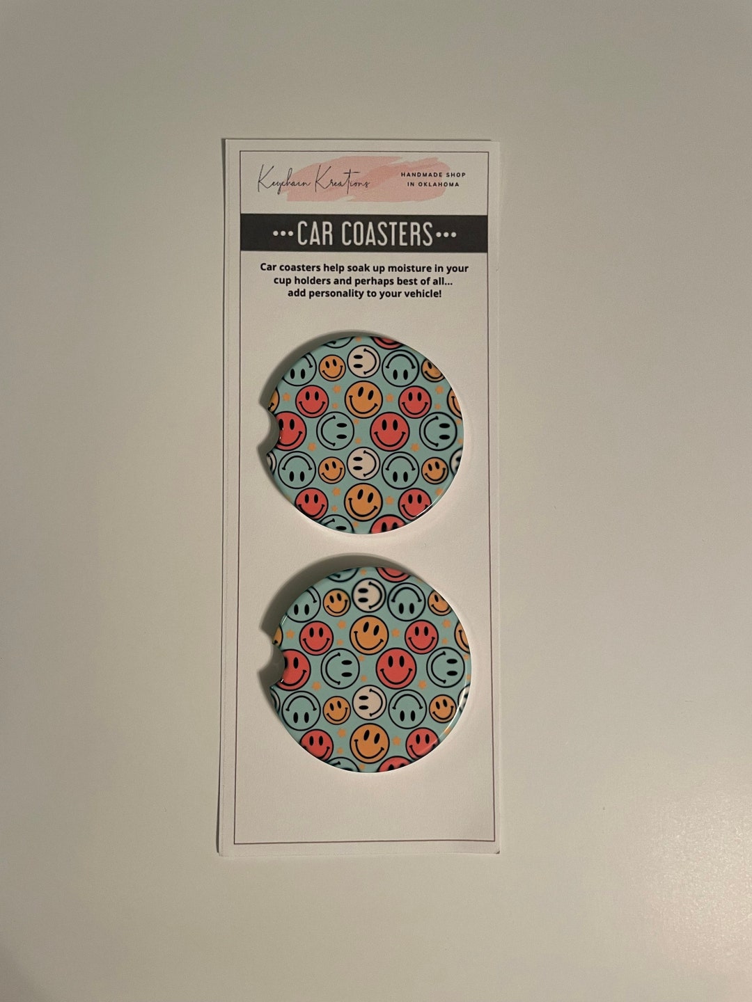 Retro Smiley Face Ceramic Car Coasters Set of 2 Finger Notch - Etsy