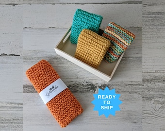 Ready To Ship | Set of 4 Cotton Knitted Dishcloths, Hand Knit Washcloth, Knitted Washcloths, 100% Cotton, Handmade, Kitchen, Bath, Summer