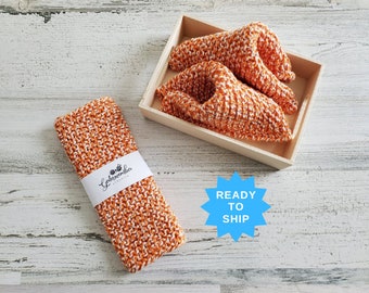 Ready To Ship | Set of 3 Cotton Knitted Dishcloths, Hand Knit Washcloth, Knitted Washcloths, 100% Cotton, Handmade, Hand Knitted, Orange