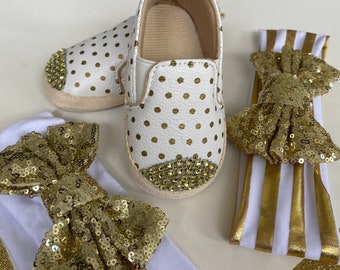 White and Gold Baby Shoe, White Baby Shoe, White Girl Shoe, Gold Baby Shoe, Gold Girl Shoe, White Baby Polka Dots Gold Shoe