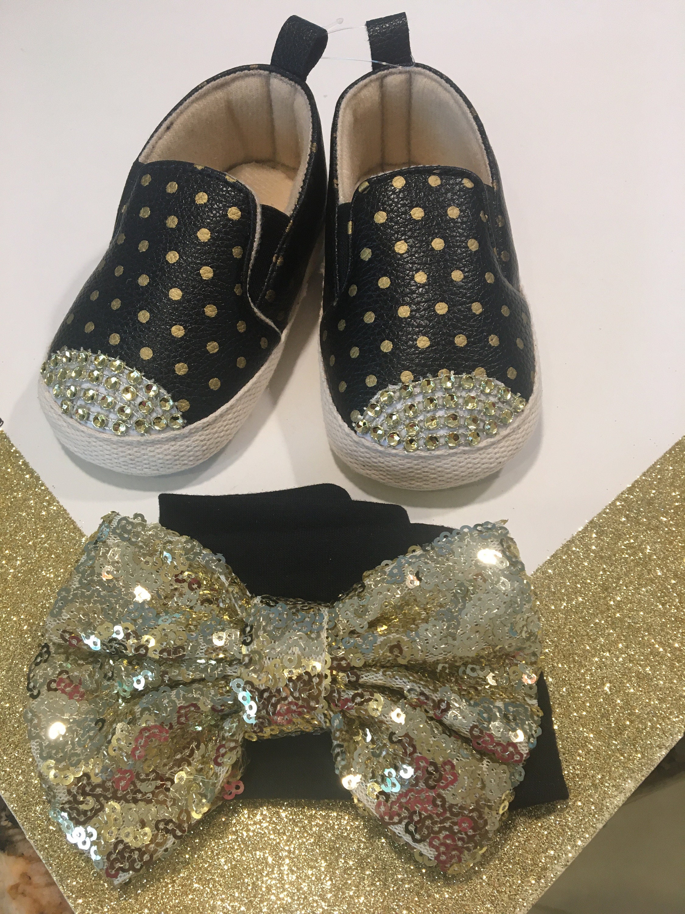 Black Baby Shoes, Black and Gold Baby Shoes, Polka Dots Baby Shoes, Girl Black Shoes, Baby Girl
