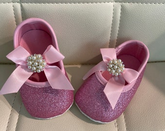 Pink Baby shoes- Pink Girls Shoes- Pink Glitter Baby shoes- Rhinestone and Pearls pink baby shoes-Weeding Baby shoes-Dressy baby shoes