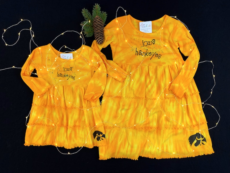 Iowa Hawkeyes cotton long sleeve tie dye 3 tier dress with bling