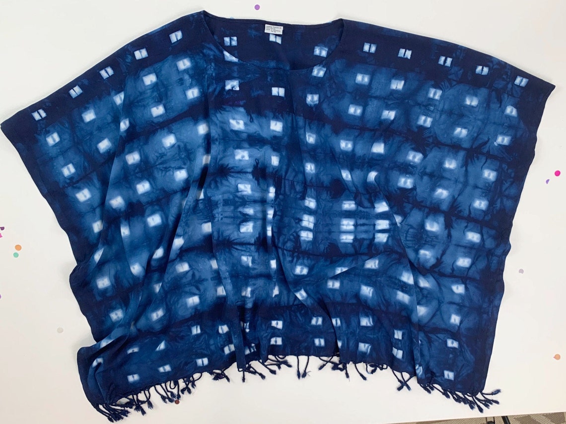 Stunning indigo blue shibori style tie dye fringe poncho image 0