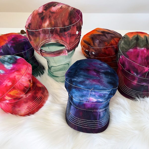 Hand dyed tie dye hat / Tie dyed cap / Tye dye military style hat / Gift for her / Gift for him / One size fits most