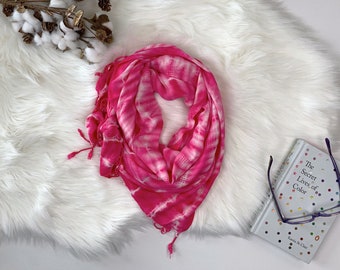 Hand-Dyed Tie Dye Rayon Scarf: Knotted Fringe, Soft Cozy Shawl