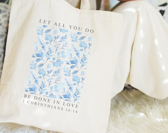 Christian Tote Bag, 1 Corinthians Bible Verse Tote Bag, Christian Gifts for Her Bible Bag, Religious Gifts, Reusable Cotton Tote for Church