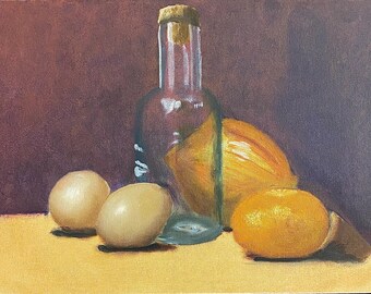 Stilleven met ei, ui en mandarijn