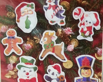 Janlynn Cutesy Characters Christmas Ornament Kit Makes 8 Embroidery and Beads Santa Snowman Reindeer Mouse Bear Soldier Penguin Gingerbread