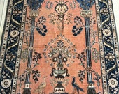 Balanced Beauty, Male and Female Peacock in the Garden, Prayer Rug, Tebriz, Antique, Coral, Blue, 4x6