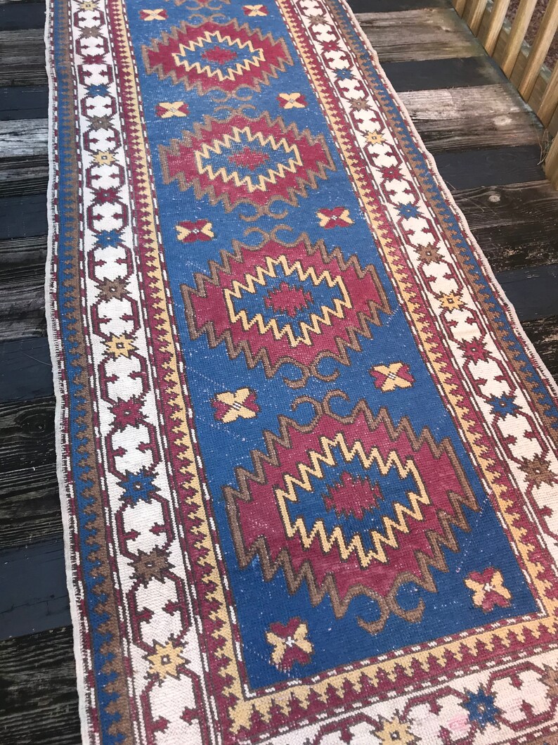 Vintage Runner Blue and White Tribal Geometric 3x11 Etsy