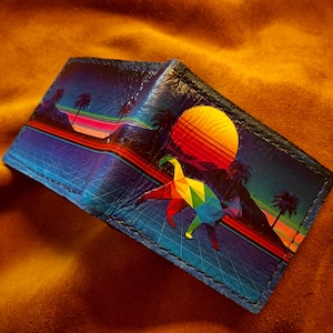 Vapourwave Cat Sunset - Leather Bifold Wallet - Handcrafted Wallet -