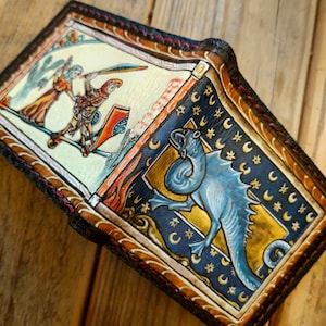 Marginalia caballero medieval, dama y dragón - Cartera de piel - Cartera de piel plegable - Hecha a mano