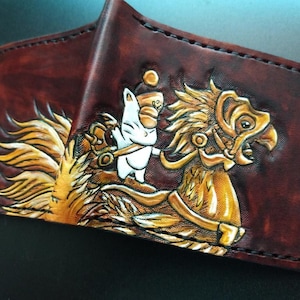 FF14 Sepia Chocobo and moogle Rider - dark brown Leather Bifold Wallet - Handcrafted Final Fantasy 14 inspired Wallet -