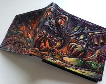 Moonfall, Majoras mask - leather wallet- Leather Bifold Wallet - Handcrafted Legend of Zelda Wallet -